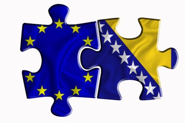 Bosna ve Herzegovina bayrağı ve Avrupa Birliği bayrağı beyaz izole arkaplanda iki yapboz parçasında. Politik ilişkiler kavramı. 3B görüntüleme