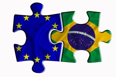 Brezilya bayrağı ve Avrupa Birliği bayrağı beyaz izole arkaplanda iki yapboz parçası üzerinde. Politik ilişkiler kavramı. 3B görüntüleme