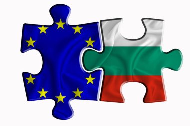 Bulgaristan bayrağı ve Avrupa Birliği bayrağı beyaz izole arka planda iki yapboz parçası üzerinde. Politik ilişkiler kavramı. 3B görüntüleme