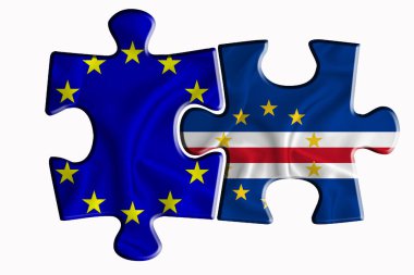 Cabo Verde bayrağı ve Avrupa Birliği bayrağı beyaz izole arkaplanda iki yapboz parçasında. Politik ilişkiler kavramı. 3B görüntüleme