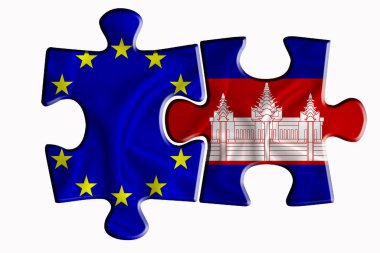 Kamboçya bayrağı ve Avrupa Birliği bayrağı beyaz izole arka planda iki yapboz parçası üzerinde. Politik ilişkiler kavramı. 3B görüntüleme