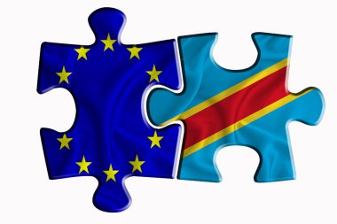 Beyaz izole edilmiş arka planda iki yapboz parçasında Kongo bayrağı ve Avrupa Birliği bayrağı. Politik ilişkiler kavramı. 3B görüntüleme