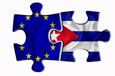 Beyaz izole edilmiş arka planda iki yapboz parçasında Küba bayrağı ve Avrupa Birliği bayrağı. Politik ilişkiler kavramı. 3B görüntüleme