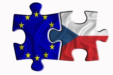 Çek bayrağı ve Avrupa Birliği bayrağı beyaz izole arka planda iki yapboz parçası üzerinde. Politik ilişkiler kavramı. 3B görüntüleme