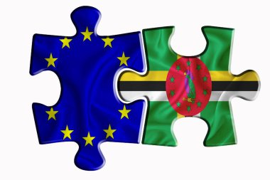 Beyaz izole arka planda iki yapboz parçasında Dominica bayrağı ve Avrupa Birliği bayrağı. Politik ilişkiler kavramı. 3B görüntüleme
