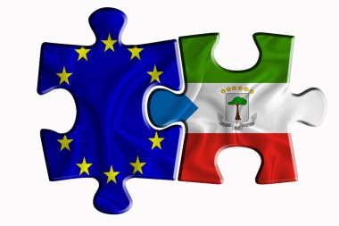 Beyaz izole arka planda iki yapboz parçasında Ekvator Gine bayrağı ve Avrupa Birliği bayrağı. Politik ilişkiler kavramı. 3B görüntüleme