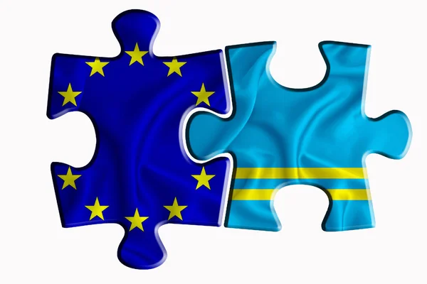 阿鲁巴国旗和欧盟国旗在白色孤立背景上的两个拼图上 政治关系的概念 3D渲染 — 图库照片