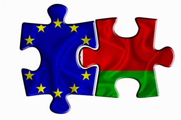 白俄罗斯国旗和欧盟国旗在白色孤立背景上的两个拼图上 政治关系的概念 3D渲染 — 图库照片