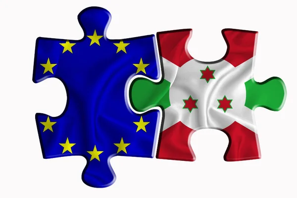 布隆迪国旗和欧洲联盟国旗在白色孤立背景下的两个拼图上 政治关系的概念 3D渲染 — 图库照片