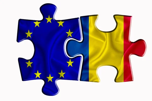 乍得国旗和欧盟国旗在白色孤立背景上的两个拼图上 政治关系的概念 3D渲染 — 图库照片