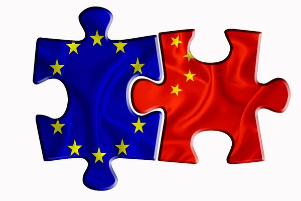 中国国旗和欧盟国旗在白色孤立背景下的两个拼图上 政治关系的概念 3D渲染 — 图库照片