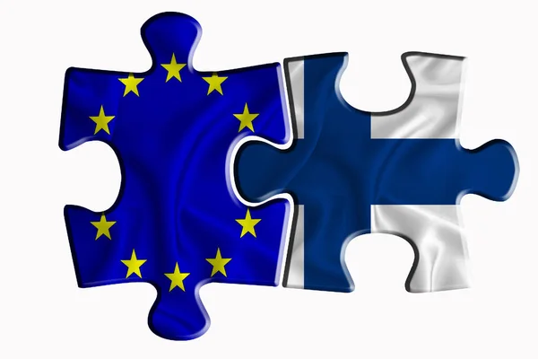 芬兰国旗和欧盟国旗在白色孤立背景上的两个拼图上 政治关系的概念 3D渲染 — 图库照片