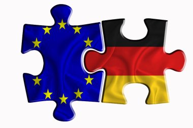 Almanya bayrağı ve Avrupa Birliği bayrağı beyaz izole arka planda iki yapboz parçasında. Politik ilişkiler kavramı. 3B görüntüleme