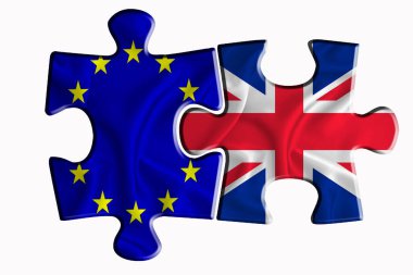Büyük Britanya bayrağı ve Avrupa Birliği bayrağı beyaz izole arkaplanda iki yapboz parçasında. Politik ilişkiler kavramı. 3B görüntüleme