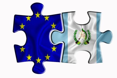 Guatemala bayrağı ve Avrupa Birliği bayrağı beyaz izole arka planda iki yapboz parçasında. Politik ilişkiler kavramı. 3B görüntüleme