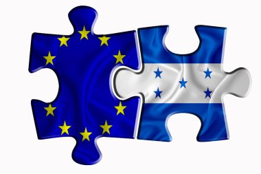 Beyaz izole arka planda iki yapboz parçasında Honduras bayrağı ve Avrupa Birliği bayrağı. Politik ilişkiler kavramı. 3B görüntüleme