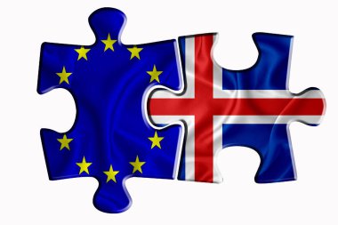 İzlanda bayrağı ve Avrupa Birliği bayrağı beyaz izole arka planda iki yapboz parçası üzerinde. Politik ilişkiler kavramı. 3B görüntüleme