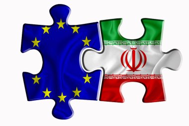 İran bayrağı ve Avrupa Birliği bayrağı beyaz izole arka planda iki yapboz parçası üzerinde. Politik ilişkiler kavramı. 3B görüntüleme