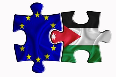 Ürdün bayrağı ve Avrupa Birliği bayrağı beyaz izole arka planda iki yapboz parçası üzerinde. Politik ilişkiler kavramı. 3B görüntüleme