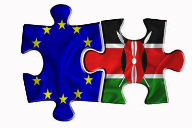 Kenya bayrağı ve Avrupa Birliği bayrağı beyaz izole arka planda iki yapboz parçasında. Politik ilişkiler kavramı. 3B görüntüleme