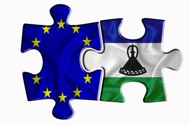 Beyaz izole arka planda iki yapboz parçasında lesotho bayrağı ve Avrupa Birliği bayrağı. Politik ilişkiler kavramı. 3B görüntüleme