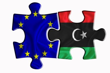 Libya bayrağı ve Avrupa Birliği bayrağı beyaz izole arka planda iki yapboz parçasında. Politik ilişkiler kavramı. 3B görüntüleme