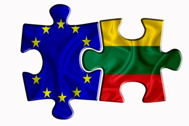 Beyaz izole arka planda iki yapboz parçasında Litvanya bayrağı ve Avrupa Birliği bayrağı. Politik ilişkiler kavramı. 3B görüntüleme