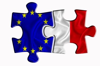 Beyaz izole arka planda iki yapboz parçasında Malta bayrağı ve Avrupa Birliği bayrağı. Politik ilişkiler kavramı. 3B görüntüleme