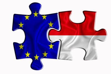 Monako bayrağı ve Avrupa Birliği bayrağı beyaz izole arka planda iki yapboz parçası üzerinde. Politik ilişkiler kavramı. 3B görüntüleme