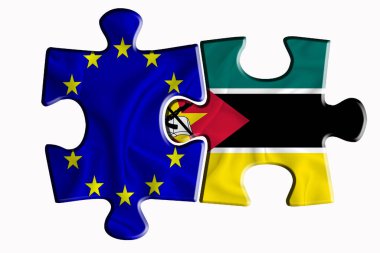 Mozambik bayrağı ve Avrupa Birliği bayrağı beyaz izole arkaplanda iki yapboz parçasında. Politik ilişkiler kavramı. 3B görüntüleme