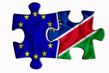 Namibya, Namibya, Windhoek bayrağı ve Avrupa Birliği bayrağı beyaz izole arka planda iki yapboz parçasında. Politik ilişkiler kavramı. 3B görüntüleme