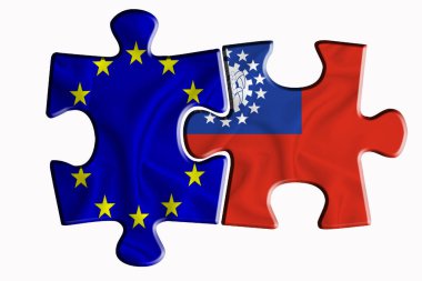 Myanmar bayrağı ve Avrupa Birliği bayrağı beyaz izole arkaplanda iki yapboz parçasında. Politik ilişkiler kavramı. 3B görüntüleme