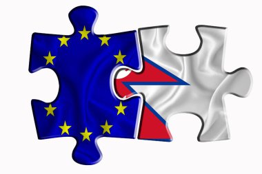 Beyaz izole arka planda iki yapboz parçasında Nepal bayrağı ve Avrupa Birliği bayrağı. Politik ilişkiler kavramı. 3B görüntüleme