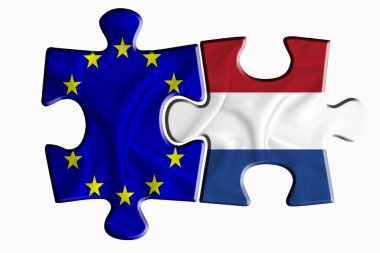 Hollanda bayrağı ve Avrupa Birliği bayrağı beyaz izole arka planda iki yapboz parçasında. Politik ilişkiler kavramı. 3B görüntüleme