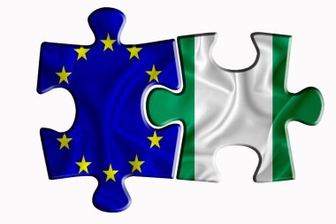 Beyaz izole arka planda iki yapboz parçasında Nijerya bayrağı ve Avrupa Birliği bayrağı. Politik ilişkiler kavramı. 3B görüntüleme