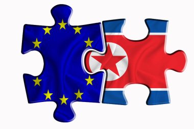 Kuzey Kore bayrağı ve Avrupa Birliği bayrağı beyaz izole arka planda iki yapboz parçasında. Politik ilişkiler kavramı. 3B görüntüleme
