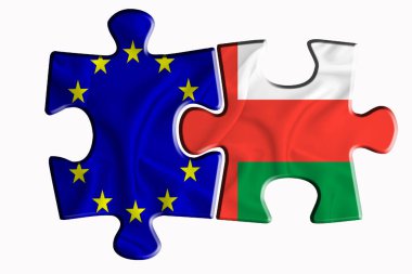 Umman bayrağı ve Avrupa Birliği bayrağı beyaz izole arka planda iki yapboz parçasında. Politik ilişkiler kavramı. 3B görüntüleme