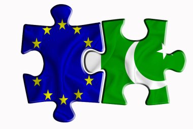 Pakistan bayrağı ve Avrupa Birliği bayrağı beyaz izole arka planda iki yapboz parçası üzerinde. Politik ilişkiler kavramı. 3B görüntüleme