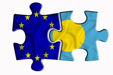 Beyaz arka planda iki yapboz parçasında Palau, Ngerulmud bayrağı ve Avrupa Birliği bayrağı. Politik ilişkiler kavramı. 3B görüntüleme