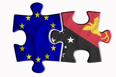 Beyaz arka planda iki yapboz parçasında Papua Yeni Gine bayrağı ve Avrupa Birliği bayrağı. Politik ilişkiler kavramı. 3B görüntüleme