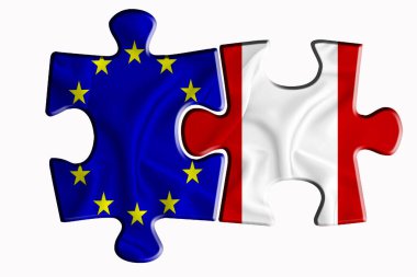 Peru bayrağı ve Avrupa Birliği bayrağı beyaz izole arkaplanda iki yapboz parçasında. Politik ilişkiler kavramı. 3B görüntüleme