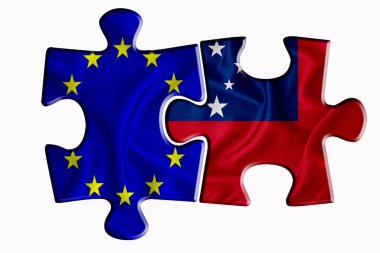 Samoa bayrağı ve Avrupa Birliği bayrağı beyaz izole arkaplanda iki yapboz parçasında. Politik ilişkiler kavramı. 3B görüntüleme