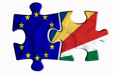 Seyşeller bayrağı ve Avrupa Birliği bayrağı beyaz izole arkaplanda iki yapboz parçasında. Politik ilişkiler kavramı. 3B görüntüleme