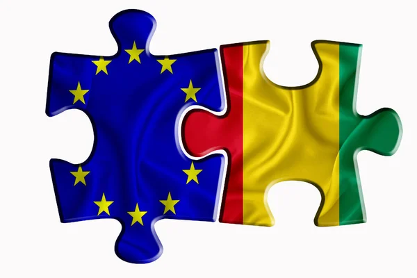 几内亚国旗和欧盟国旗在白色孤立背景上的两个拼图上 政治关系的概念 3D渲染 — 图库照片