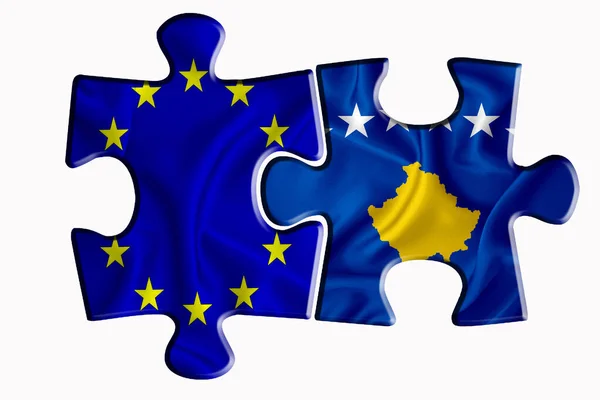 Flaga Kosovo Flaga Unii Europejskiej Dwóch Kawałkach Układanki Białym Izolowanym — Zdjęcie stockowe