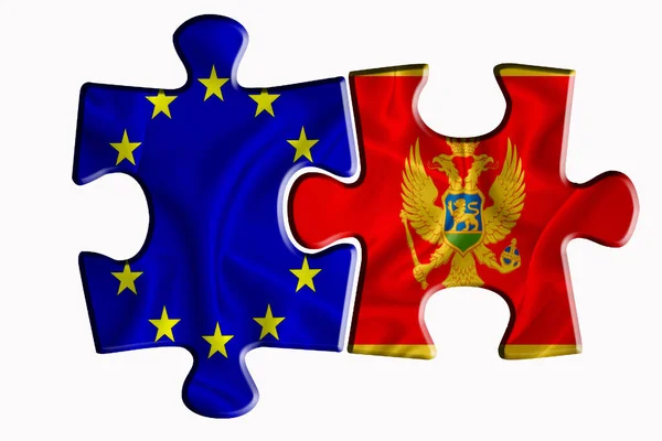 黑山国旗和欧盟国旗在白色孤立背景上的两个拼图上 政治关系的概念 3D渲染 — 图库照片