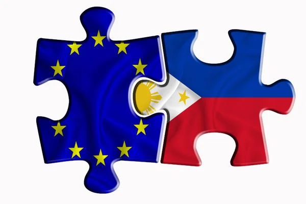 フィリピンの国旗と欧州連合の旗は 白い孤立した背景の上に2つのパズルピースに描かれている 政治的関係の概念 3Dレンダリング — ストック写真