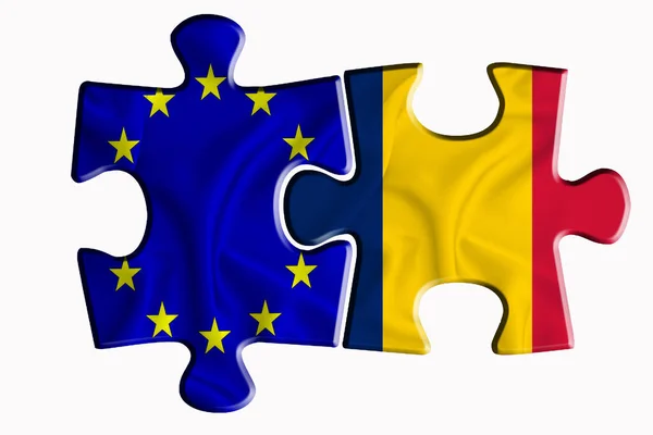 罗马尼亚国旗和欧盟国旗在白色孤立背景上的两个拼图上 政治关系的概念 3D渲染 — 图库照片