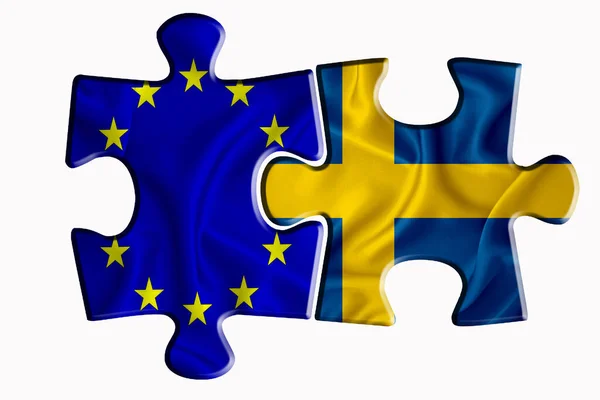 瑞典国旗和欧盟国旗在白色孤立背景上的两个拼图上 政治关系的概念 3D渲染 — 图库照片