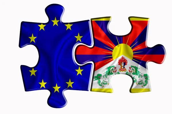 西藏旗帜和欧盟旗帜在白色孤立背景上的两个拼图上 政治关系的概念 3D渲染 — 图库照片